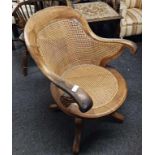 PERIOD SWIVEL OFFICE CHAIR WITH CANE SEAT & BACK ON CASTERS