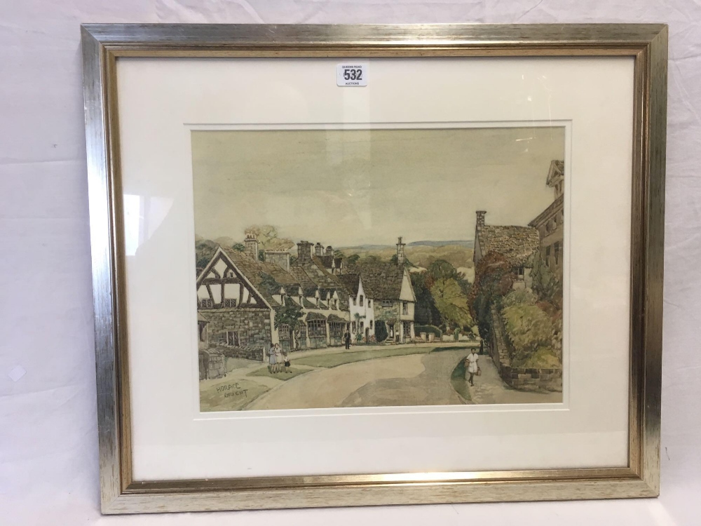 HORACE WRIGHT [1888-1960]; WATERCOLOUR OF A SUFFOLK STREET SCENE WITH MANY FIGURES, SIGNED,