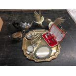 WHITE METAL TRAY WITH A BACHELORS TEA SET,TOAST RACK, CANDLE STICK HOLDERS,