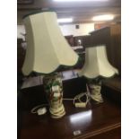 PAIR OF ORIENTAL HAND PAINTED TABLE LAMPS WITH SHADES, 1 LARGE & 1 SMALL,