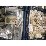 CONTAINER OF OLD PHOTO'S & POSTCARDS & CONTAINER OF CIGARETTE CARDS& T CARDS + FULL SET OF