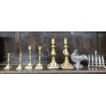 METALWARE INCL; 3 PAIRS OF BRASS CANDLESTICKS,