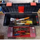 BLACK PLASTIC TOOL BOX WITH MISC TOOLS HAMMERS & ENGINEERS TOOLS