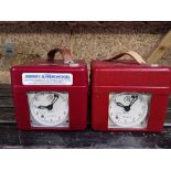2 RED METAL CASED PIGEON RACE CLOCKS BY STB, BOTH WITH KEYS,