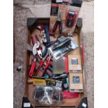 CARTON WITH QTY OF MISC HAND TOOLS, SOME NEW IN PACKETS, SCREWDRIVERS, TORCHES,