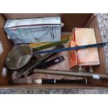 CARTON WITH BRASS LADLE, SURVEYORS MEASURE,