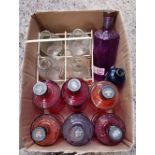 CARTON WITH EMPTY HAND CRAFTED GIN BOTTLES & 2 MORE & 4 MILK BOTTLES IN METAL CARRIER