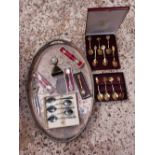 WHITE METAL GALLERY TRAY WITH MISC COMMEMORATIVE SPOONS