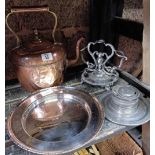 PEWTER CAPSTAN INKWELL, COPPER KETTLE,