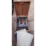 PORTABLE WOODEN ARTISTS BOX WITH CONTENTS