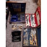 3 CUTLERY BOXES WITH CONTENTS & A TUB OF MISC CUTLERY & A PART INSTRUMENT DRAWING SET