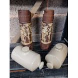 2 STONE GLAZED HOT WATER BOTTLES & 2 TALL BROWN JUGS,