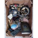 BOX OF BRASS ITEMS INCL; A CIGARETTE BOX,