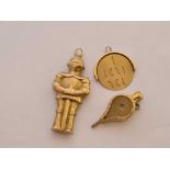 3 NOVELTY 9ct CHARM KNIGHT, SPINNER, BELLOWS,
