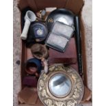 CARTON WITH MODERN ANEROID BAROMETER, BRASS EMBOSSED MIRROR,
