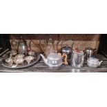 SHELF OF MISC METAL WARE & A TRAY