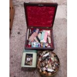 WOODEN BOX & 2 OTHER CONTAINERS WITH SEWING ITEMS, BUTTONS,