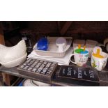 SHELF WITH MISC KITCHEN ITEMS INCL; EGG CROCK,