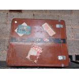 BROWN HARD LEATHER VINTAGE SUITCASE BY REVELATION LUGGAGE WITH VARIOUS SHIPPING LABELS
