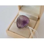 LARGE CARVED AMETHYST SILVER RING IN BOX