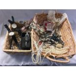 2 BASKETS WITH PEARL TYPE COSTUME JEWELLERY & MISC LADIES WRIST WATCHES