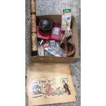 CARTON WITH WOODEN PESTLE & MORTAR, POWDER COMPACTS, LANCEL RED PURSE,