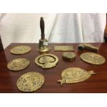 SMALL TUB OF MISC BRASS RALLY PLAQUES,