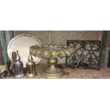 TWO SMALL HAND BELLS, I BRASS , I WHITE METAL PIGEON LAMPS, CAST IRON KITCHEN BOOK REST,