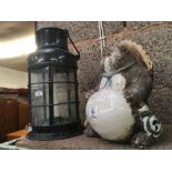 VINTAGE CANDLE LANTERN & A CERAMIC HEDGEHOG GARDEN FEATURE OR DOOR STOP