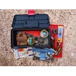 SMALL PLASTIC CARRY BOX WITH FISHING TACKLE, LURES, HOOKS,