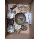 SMALL CARTON OF BRASS ITEMS INCL; A SHOES PAPER CLIP, SMALL GLASS BOWLS,