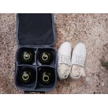 CARRY BAG WITH 4 LAWN BOWLS & A PAIR OF SIZE 44 SHOES