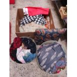 CARTON OF MISC MATERIAL & A CANADIAN FLAG & 2 HAT BOXES WITH MISC RAYON & SILK SCARVES