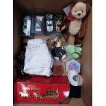 CARTON WITH BEANS, HUNTER BEAR, TOY CARS, CLAY PLATES, SMALL CHINA DOLLS HEAD,