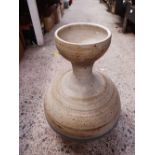 LARGE BULBOUS POTTERY VASE BY VICKI READ ON A WOODEN BASE