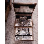 2 DRAWER WOODEN CUTLERY BOX WITH MISC TABLE CUTLERY
