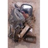 CARTON WITH VINTAGE DOOR PARTS, OIL CAN, WING MIRRORS,