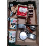 CARTON WITH KITCHEN STORAGE JARS, WOODEN SERVING SPOONS,