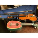 BOXED VIOLIN & BOW & A MELON DESIGN UKULELE