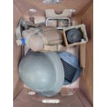 CARTON WITH WW II WATER BOTTLE IN CARRIER, STEEL HELMET,