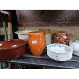 SHELF WITH MISC STONEWARE POTS & JARS & A PART SET OF STAFFORDSHIRE TABLEWARE
