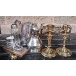 2 BRASS TRIVETS, 2 BRASS CANDLESTICKS & POKER,