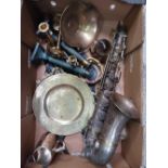 CARTON WITH MISC METALWARE INCL; A/F SAXOPHONE, CANDLESTICKS,