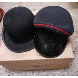 BOX WITH MOSS BROTHERS BOWLER HAT & AN ARMY OFFICERS PEAK CAP