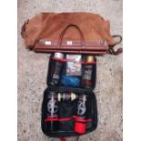 BROWN SUEDE & LEATHER TRAVEL BAG & A SUPER GUARD CAR VALET KIT IN BAG