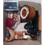 2 CARTONS OF MISC CLOCKS, SMALL CANNONS, A HORN, MODEL SHIP,