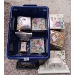 CONTAINER WITH QTY OF BOXED NOTE PADS & 3 CLOCKS