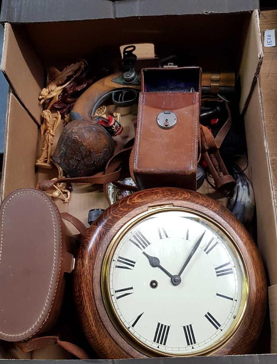 CARTON WITH MISC ITEMS INCL; WALL CLOCK, VINTAGE CORK SCREW, PAIR OF 10 X 50 BINOCULARS IN CASE,