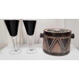 CARTON WITH STUDIO POTTERY EARTHENWARE WITH LID & 2 GLASS GOBLETS