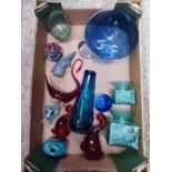 CARTON OF MIXED COLOURED GLASS INCL; PAPERWEIGHTS,